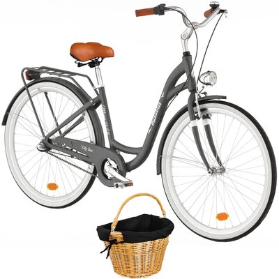 Rower miejski INDIANA Moena A3B 28 cali damski Grafitowy + Koszyk wiklinowy na rower VÖGEL VKS-702 Stylowy Czarny