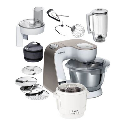 Robot kuchenny planetarny BOSCH MUM5XW20 (1000W) z wbudowaną wagą i timerem, blenderem kielichowym, rozdrabniaczem i przystawką do lodów BOSCH MUZ5EB2