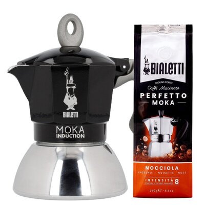 Kawiarka BIALETTI New Moka Induction 2 TZ Czarny + Kawa mielona BIALETTI Perfetto Moka Nocciola 0.25 kg