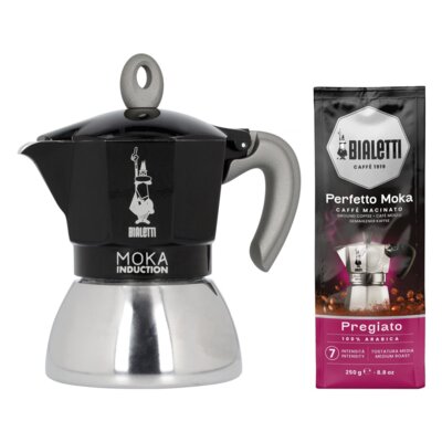 Kawiarka BIALETTI New Moka Induction 4 TZ Czarny + Kawa mielona BIALETTI Perfetto Moka Pregiato Espresso 0.25 kg