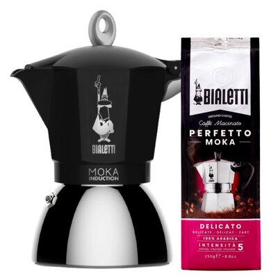 Kawiarka BIALETTI New Moka Induction 4 TZ Czarny + Kawa mielona BIALETTI Perfetto Moka Delicato Arabica 0.25 kg