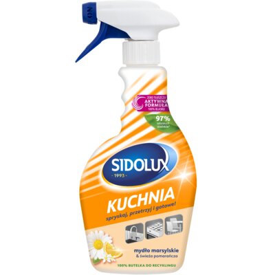 Płyn do mycia kuchni SIDOLUX Triger Mydło Marsylskie Pomarańcza + Płyn do czyszczenia łazienki SIDOLUX Mydło Marsylskie i świeża pomarańcza + Płyn do mycia SIDOLUX Uniwersalny Mydło marsylskie 3 x 500 ml