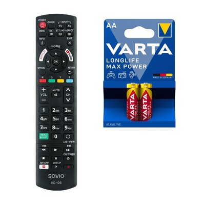 Pilot uniwersalny SAVIO RC-06 do telewizorów Panasonic + Baterie AA LR6 VARTA Longlife Max Power (2 szt.)