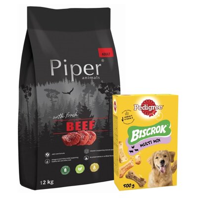 Karma dla psa PIPER Animals z wołowiną 12 kg + Przysmak dla psa PEDIGREE Biscrok Multi Wołowina z jagnięciną i kurczakiem 500 g