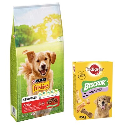 Karma dla psa FRISKIES Active Wołowina 10 kg + Przysmak dla psa PEDIGREE Biscrok Multi Wołowina z jagnięciną i kurczakiem 500 g