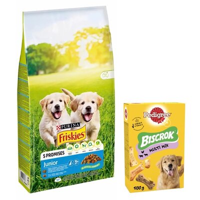 Karma dla psa FRISKIES Junior Vitafit Kurczak z warzywami 15 kg + Przysmak dla psa PEDIGREE Biscrok Multi Wołowina z jagnięciną i kurczakiem 500 g