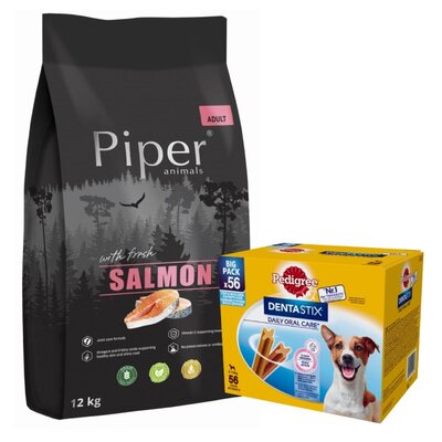 Karma dla psa PIPER Animals z łososiem 12 kg + Przysmak dla psa PEDIGREE Dentastix Daily Oral Care (8 x 110 g)