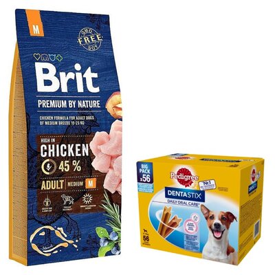Karma dla psa BRIT Premium By Nature Kurczak 15 kg + Przysmak dla psa PEDIGREE Dentastix Daily Oral Care (8 x 110 g)