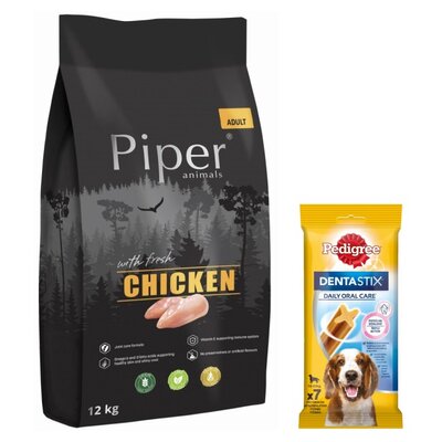 Karma dla psa PIPER Animals z kurczakiem 12 kg + Przysmak dla psa PEDIGREE Dentastix Medium 180 g