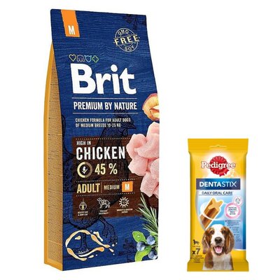 Karma dla psa BRIT Premium By Nature Kurczak 15 kg + Przysmak dla psa PEDIGREE Dentastix Medium 180 g