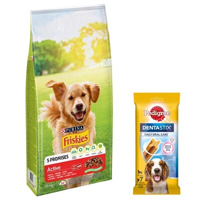 Karma dla psa FRISKIES Active Wołowina 10 kg + Przysmak dla psa PEDIGREE Dentastix Medium 180 g