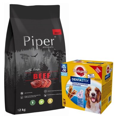 Karma dla psa PIPER Animals z wołowiną 12 kg + Przysmak dla psa PEDIGREE Dentastix Daily Oral Care (8 x 180 g)