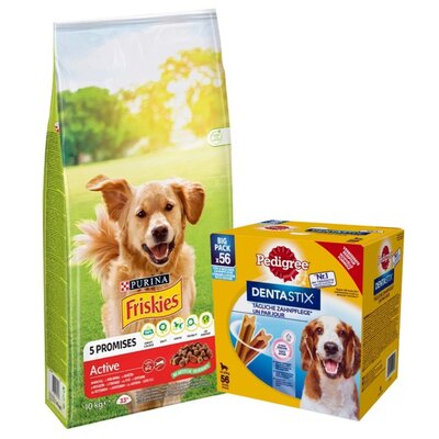 Karma dla psa FRISKIES Active Wołowina 10 kg + Przysmak dla psa PEDIGREE Dentastix Daily Oral Care (8 x 180 g)