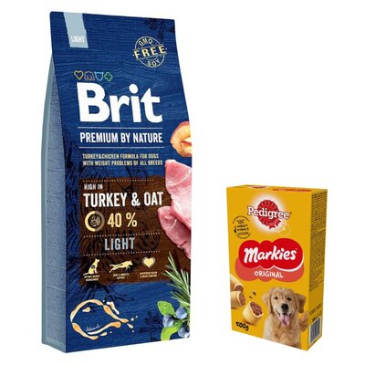 Karma dla psa BRIT Premium By Nature Light Indyk z owsem 15 kg + Przysmak dla psa PEDIGREE Markies 500 g