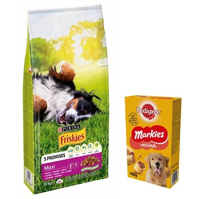 Karma dla psa FRISKIES Maxi Wołowina z warzywami 10 kg + Przysmak dla psa PEDIGREE Markies 500 g