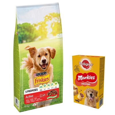 Karma dla psa FRISKIES Active Wołowina 10 kg + Przysmak dla psa PEDIGREE Markies 500 g