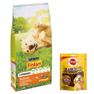 Karma dla psa FRISKIES Balance Kurczakiem z warzywami 15 kg + Przysmak dla psa PEDIGREE Ranchos Originals Kurczak 70 g