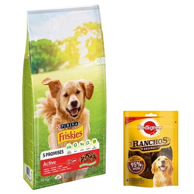 Karma dla psa FRISKIES Active Wołowina 10 kg + Przysmak dla psa PEDIGREE Ranchos Originals Kurczak 70 g