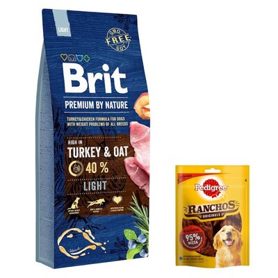 Karma dla psa BRIT Premium By Nature Light Indyk z owsem 15 kg + Przysmak dla psa PEDIGREE Ranchos Originals Wołowina 70 g