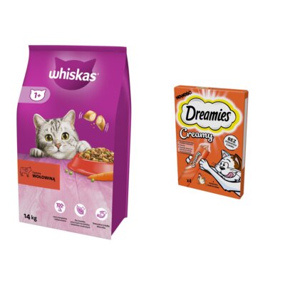 Karma dla kota WHISKAS Wołowina 14 kg + Przysmak dla kota DREAMIES Creamy Kurczak (4 x 10 g)