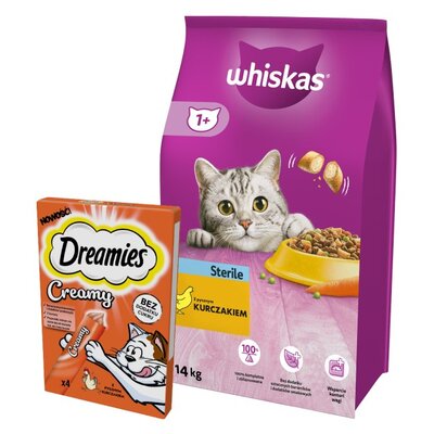 Karma dla kota WHISKAS Sterile Kurczak 14 kg + Przysmak dla kota DREAMIES Creamy Kurczak (4 x 10 g)