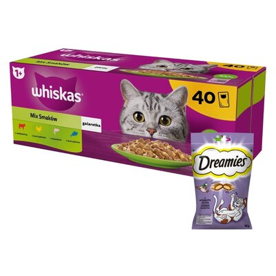 Karma dla kota WHISKAS Mix Smaków (40 x 85 g) + Przysmak dla kota DREAMIES Kaczka 60 g