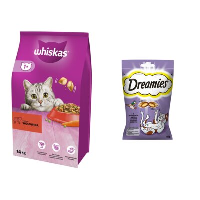 Karma dla kota WHISKAS Wołowina 14 kg + Przysmak dla kota DREAMIES Kaczka 60 g