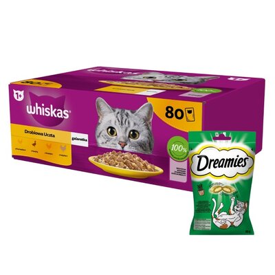 Karma dla kota WHISKAS Drobiowe smaki (80 x 85 g) + Przysmak dla kota DREAMIES z Nutą Kocimiętki 60 g