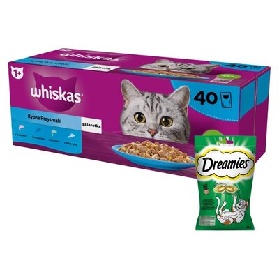 Karma dla kota WHISKAS Rybne Przysmaki (40 x 85 g) + Przysmak dla kota DREAMIES z Nutą Kocimiętki 60 g