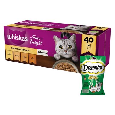 Karma dla kota WHISKAS Drobiowe smaki (40 x 85 g) + Przysmak dla kota DREAMIES z Nutą Kocimiętki 60 g