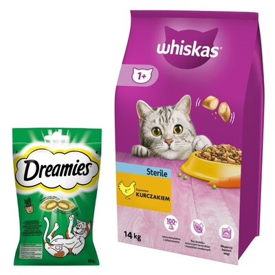 Karma dla kota WHISKAS Sterile Kurczak 14 kg + Przysmak dla kota DREAMIES z Nutą Kocimiętki 60 g