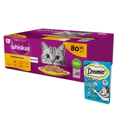 Karma dla kota WHISKAS Drobiowe smaki (80 x 85 g) + Przysmak dla kota DREAMIES Creamy Łosoś (4 x 10 g)