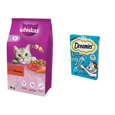 Karma dla kota WHISKAS Wołowina 14 kg + Przysmak dla kota DREAMIES Creamy Łosoś (4 x 10 g)
