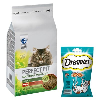 Karma dla kota PERFECT FIT Natural Vitality Wołowina z kurczakiem 6 kg + Przysmak dla kota DREAMIES Łosoś 60 g