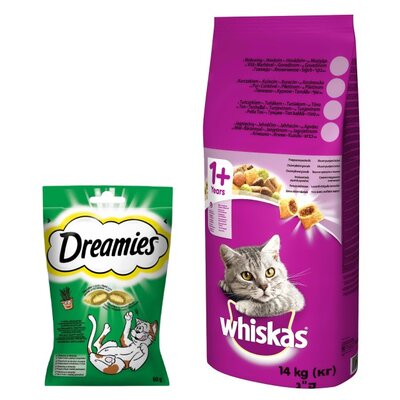 Karma dla kota WHISKAS Wołowina 14 kg + Przysmak dla kota DREAMIES z Nutą Kocimiętki 60 g