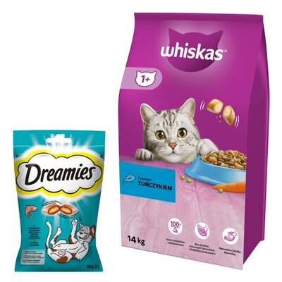 Karma dla kota WHISKAS Tuńczyk z warzywami 14 kg + Przysmak dla kota DREAMIES Łosoś 60 g