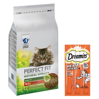 Karma dla kota PERFECT FIT Natural Vitality Wołowina z kurczakiem 6 kg + Przysmak dla kota DREAMIES Meaty Sticks Kurczak 30 g