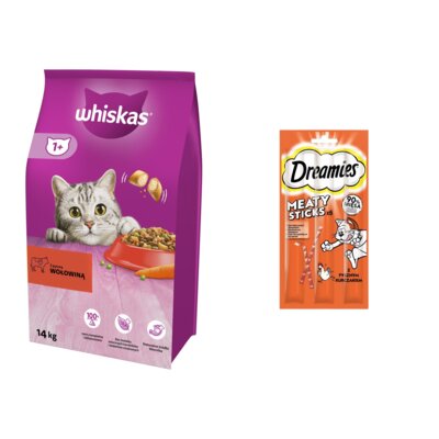Karma dla kota WHISKAS Wołowina 14 kg + Przysmak dla kota DREAMIES Meaty Sticks Kurczak 30 g