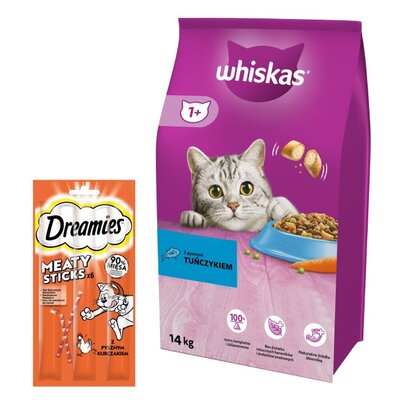 Karma dla kota WHISKAS Tuńczyk z warzywami 14 kg + Przysmak dla kota DREAMIES Meaty Sticks Kurczak 30 g