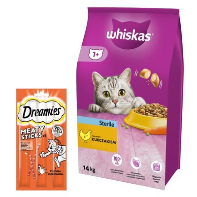 Karma dla kota WHISKAS Sterile Kurczak 14 kg + Przysmak dla kota DREAMIES Meaty Sticks Kurczak 30 g