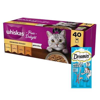 Karma dla kota WHISKAS Drobiowe smaki (40 x 85 g) + Przysmak dla kota DREAMIES Meaty Sticks z Łososiem 30 g
