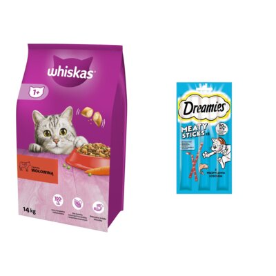 Karma dla kota WHISKAS Wołowina 14 kg + Przysmak dla kota DREAMIES Meaty Sticks z Łososiem 30 g
