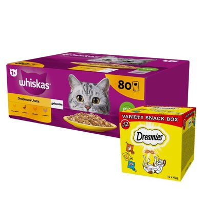 Karma dla kota WHISKAS Drobiowe smaki (80 x 85 g) + Przysmak dla kota DREAMIES Mix smaków (12 x 60 g)