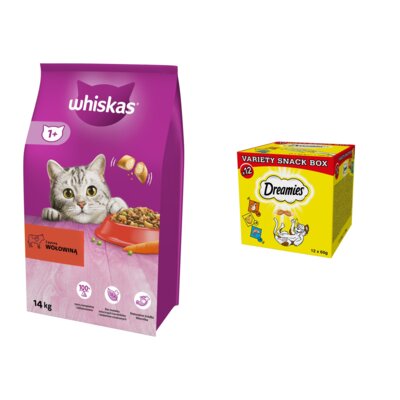 Karma dla kota WHISKAS Wołowina 14 kg + Przysmak dla kota DREAMIES Mix smaków (12 x 60 g)