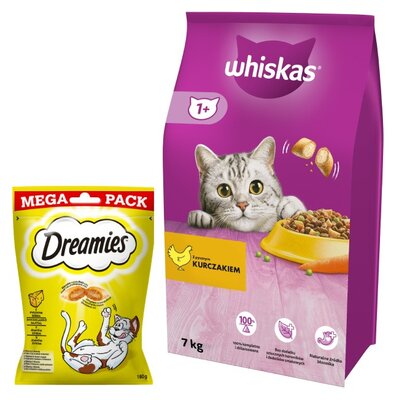 Karma dla kota WHISKAS Kurczak 7 kg + Przysmak dla kota DREAMIES Żółty ser 180 g