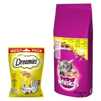 Karma dla kota WHISKAS Junior Kurczak 14 kg + Przysmak dla kota DREAMIES Żółty ser 180 g