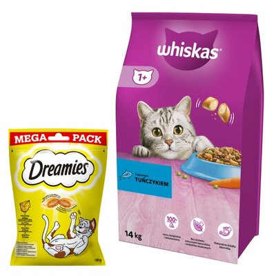 Karma dla kota WHISKAS Tuńczyk z warzywami 14 kg + Przysmak dla kota DREAMIES Żółty ser 180 g