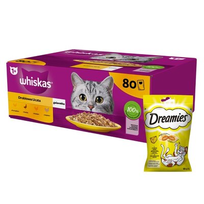 Karma dla kota WHISKAS Drobiowe smaki (80 x 85 g) + Przysmak dla kota DREAMIES Żółty ser 60 g