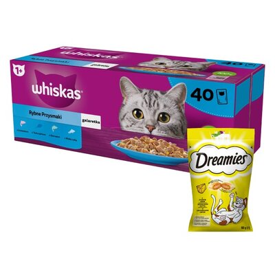 Karma dla kota WHISKAS Rybne Przysmaki (40 x 85 g) + Przysmak dla kota DREAMIES Żółty ser 60 g