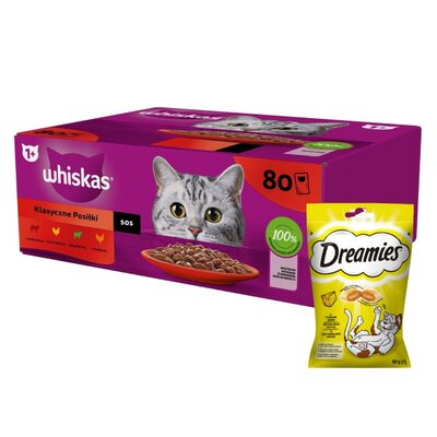 Karma dla kota WHISKAS Mix smaków (80 x 85 g) + Przysmak dla kota DREAMIES Żółty ser 60 g